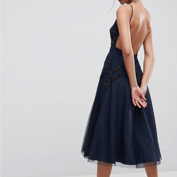 NWOT‎ ASOS Design  navy blue tulle dress with black beading and open back - Picture 3 of 9